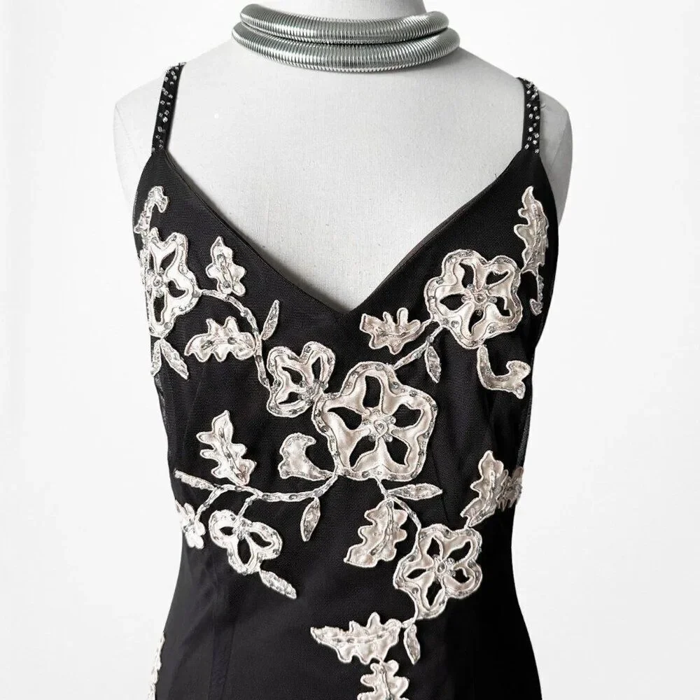 Vintage Y2K 90s Brown Floral Embroidered Mesh Maxi Formal Prom Dress Size S/M